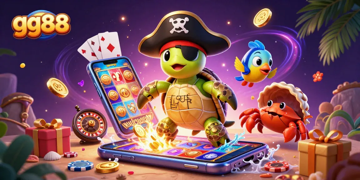 Win big with gg88's thrilling gambling adventures featuring a pirate turtle and treasure!