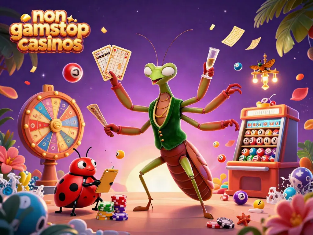 Experience non gamstop casinos with vibrant gambling elements and dynamic characters in a colorful illustration.