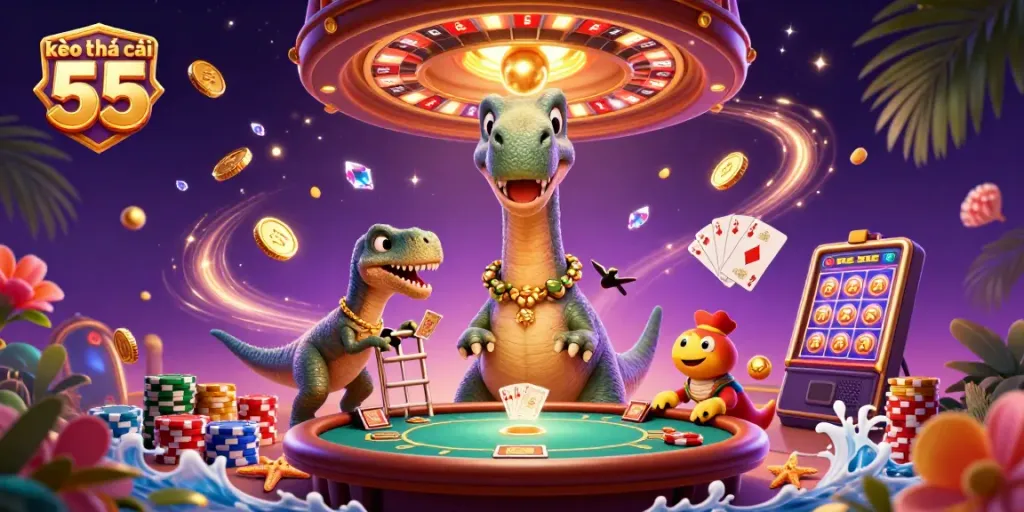 Experience the excitement of kèo nhà cái 55 with thrilling gameplay and vibrant casino elements in a 3D illustration.