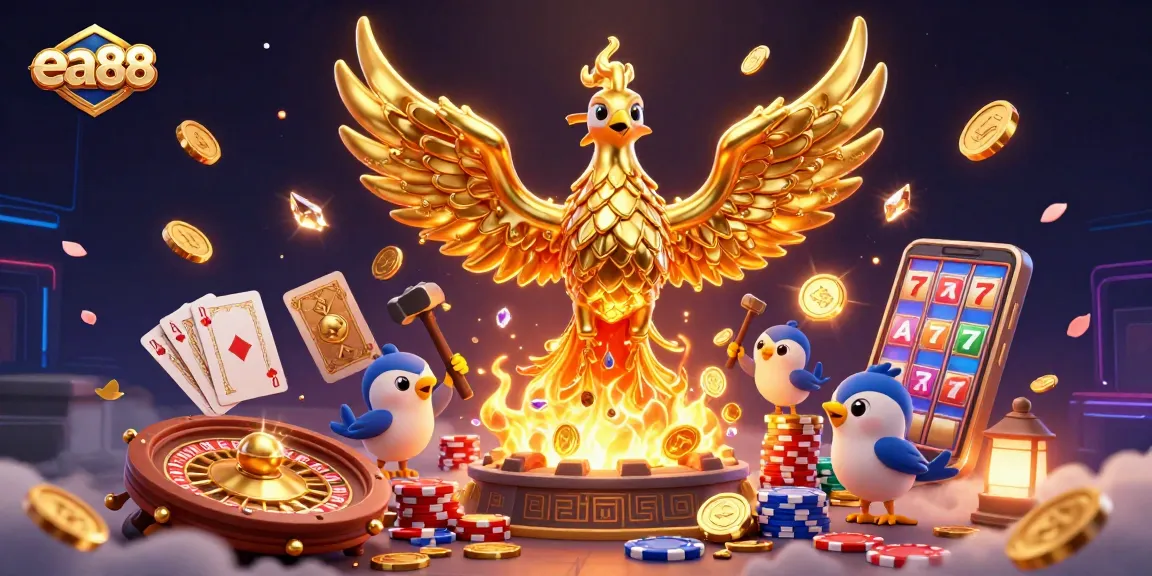 ea88's golden phoenix and sparrow assistants capture thrilling casino action with coins cascading and cards fanned out.