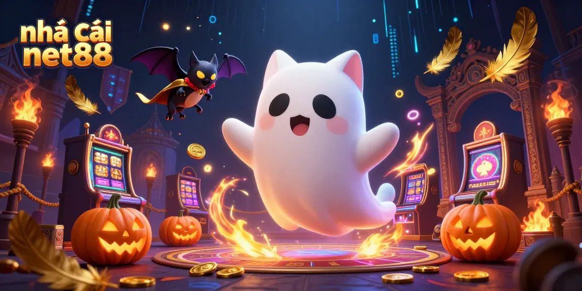 Experience the thrill at nhà cái net88 with a dynamic illustration of a ghost cat and bat in a vibrant casino scene.