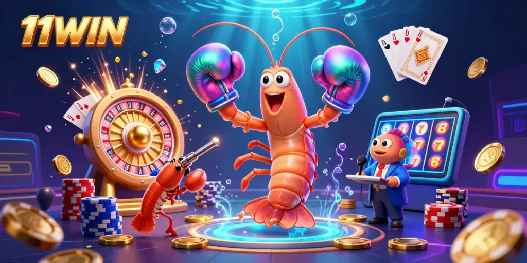 Experience thrilling gaming with 11WIN featuring vibrant characters and casino elements.