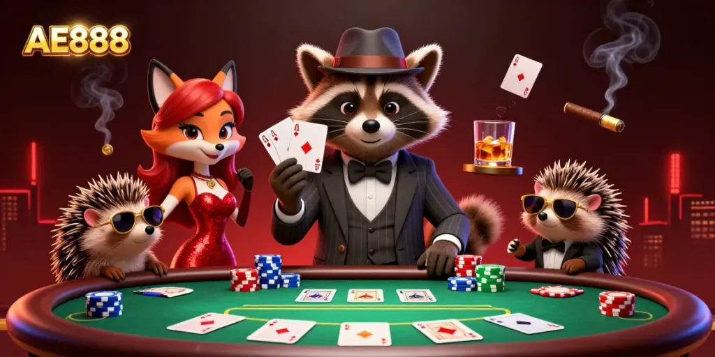 Experience the excitement of AE888 with our charming raccoon and fox duo at a vibrant poker setting.