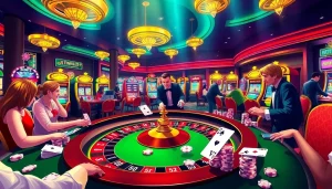 Explore exciting games at https://rr888.video/ with players enjoying a lively casino atmosphere amid vibrant roulette tables and slot machines.