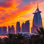 Experience travel to Dubai by exploring the stunning skyline at sunset with vibrant colors.