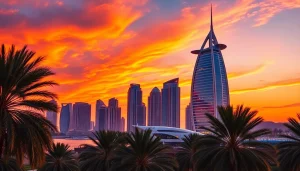 Experience travel to Dubai by exploring the stunning skyline at sunset with vibrant colors.