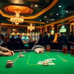 Engage in thrilling game bài đổi thưởng at an elegant casino poker table filled with vibrant colors and lively players.