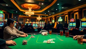 Engage in thrilling game bài đổi thưởng at an elegant casino poker table filled with vibrant colors and lively players.