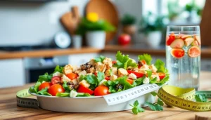 Healthy meal promoting weight loss with colorful salad and lean protein.