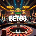 BET88 offers a thrilling casino experience with players at a roulette table, vibrant slot machines, and engaging gameplay elements.