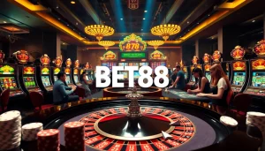 BET88 offers a thrilling casino experience with players at a roulette table, vibrant slot machines, and engaging gameplay elements.