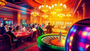 Exciting casino scene featuring players at poker and roulette, highlighting https://69vnbl.com/ as the ultimate gambling experience.
