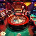 A thrilling casino experience highlighting Nhà cái uy tín with players at roulette and slot machines.