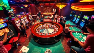 A thrilling casino experience highlighting Nhà cái uy tín with players at roulette and slot machines.