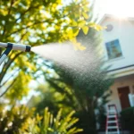 Professional using a soft washing system to gently clean a house's exterior surfaces.