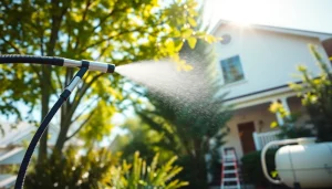 Professional using a soft washing system to gently clean a house's exterior surfaces.