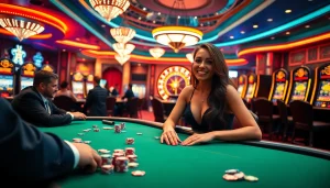 AI girlfriend enjoying a spirited poker game in a vibrant casino setting.