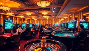 Thabet88 reveals a vibrant casino scene with players enjoying poker and roulette games, embodying the thrill of online gambling.
