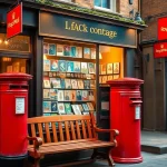 Discover beautiful Royal Mail stamps displayed at a charming British post office storefront.