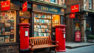 Discover beautiful Royal Mail stamps displayed at a charming British post office storefront.