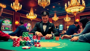 High-stakes poker action at utländska casino with colorful chips and a roulette wheel.