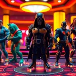 Showcasing acrylic standees of gaming characters set against a lively casino backdrop.