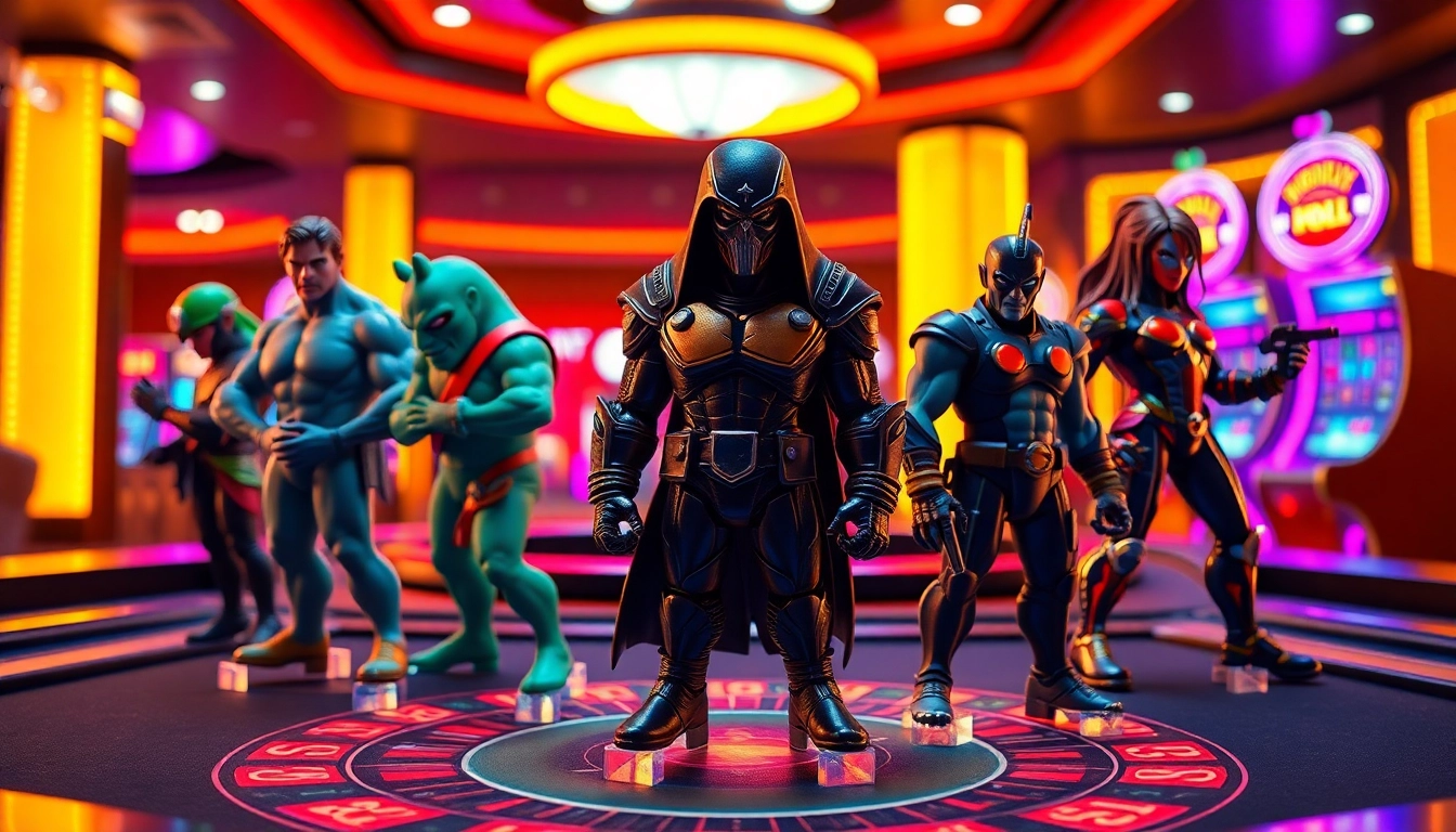 Showcasing acrylic standees of gaming characters set against a lively casino backdrop.