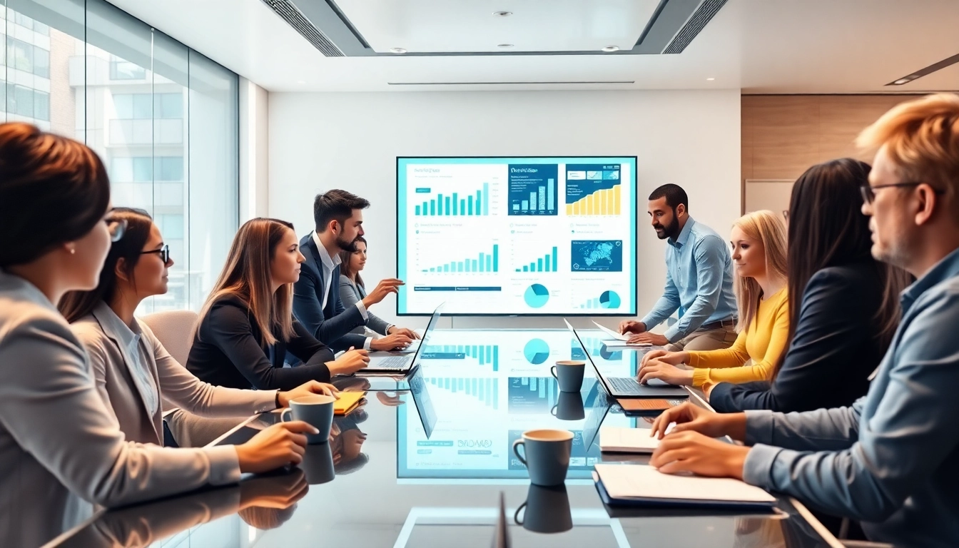 Team members engaged in strategic consulting discussions in a modern office setting.