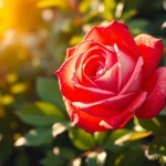 Captivating close-up of a blooming rose surrounded by lush greenery in a sunlit garden.