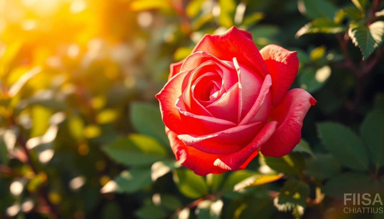 Captivating close-up of a blooming rose surrounded by lush greenery in a sunlit garden.