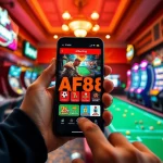 AF88 online betting app interface on smartphone surrounded by games elements.