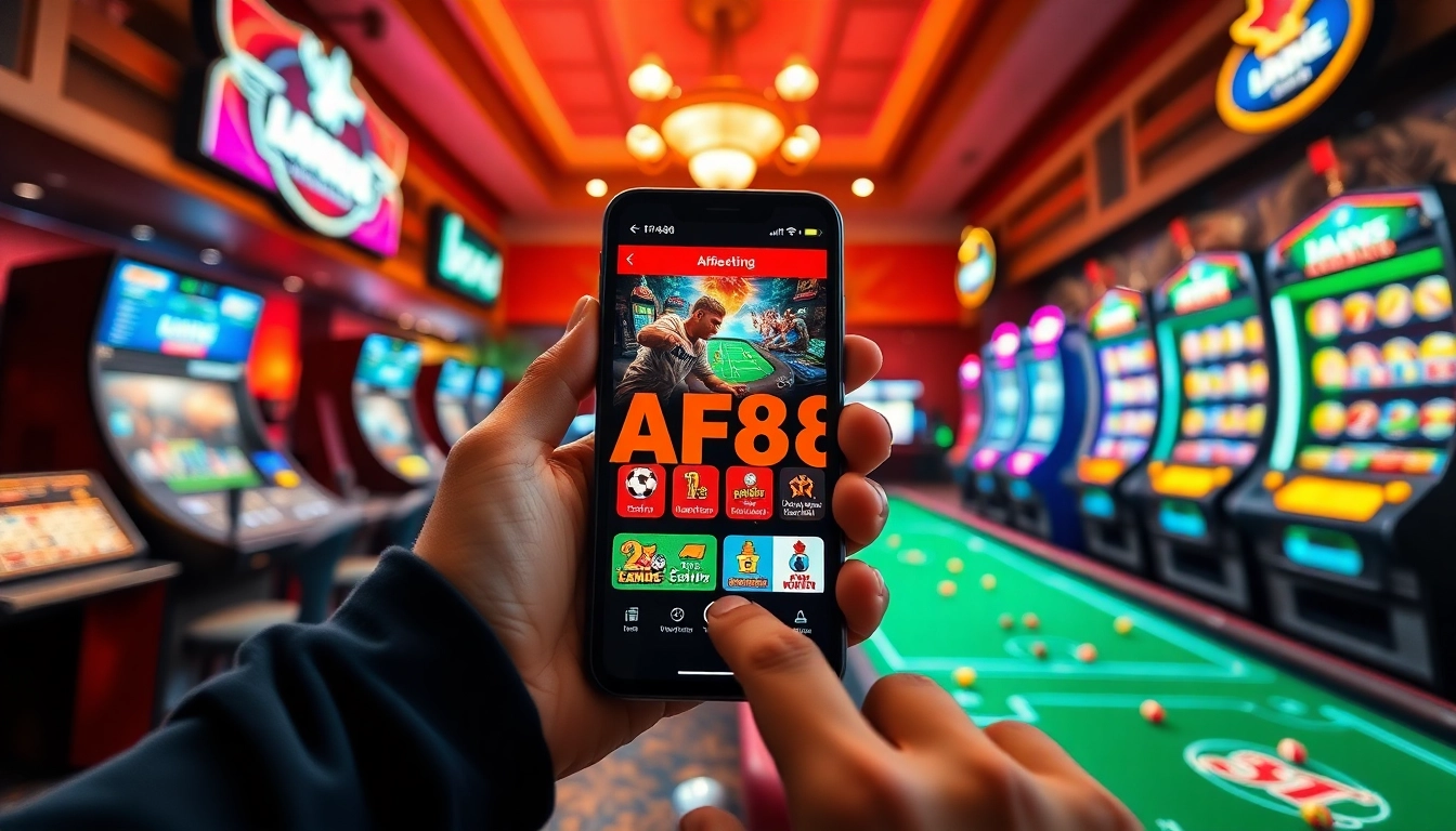 AF88 online betting app interface on smartphone surrounded by games elements.