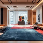 Tappeti moderni Milano displayed in a chic living room, highlighting vibrant colors and sleek textures.