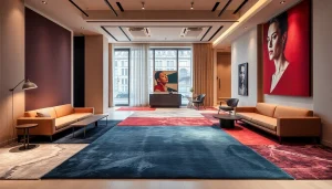 Tappeti moderni Milano displayed in a chic living room, highlighting vibrant colors and sleek textures.