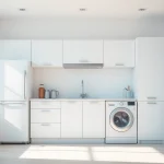 Showcasing бяла техника appliances, including a stylish refrigerator and dishwasher in a modern kitchen setting.