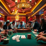 Experience CM88’s excitement with players at a poker table in a glamorous casino setting.