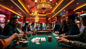 Experience CM88’s excitement with players at a poker table in a glamorous casino setting.