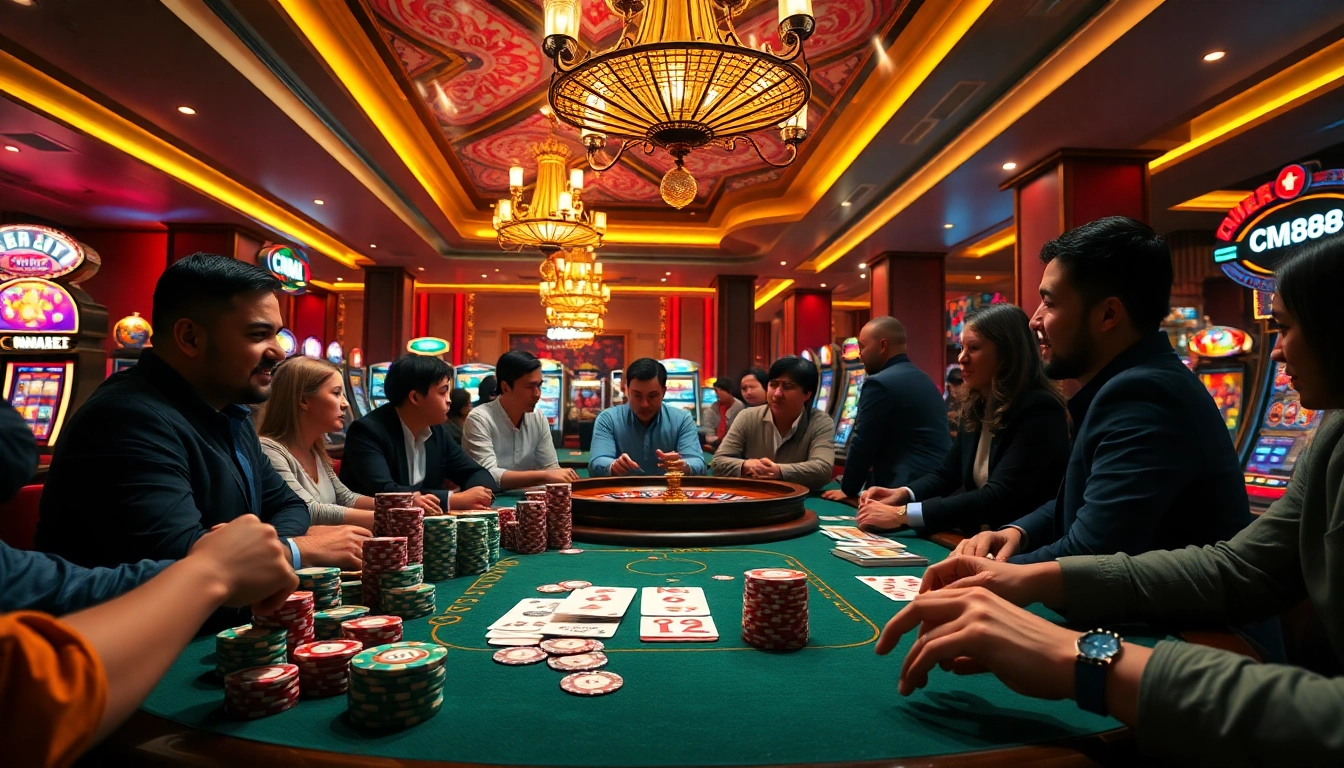 Experience CM88’s excitement with players at a poker table in a glamorous casino setting.