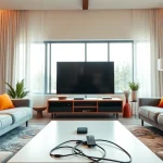 Engaging iron IPTV home setup showcasing a modern Smart TV and cozy living space.