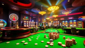A lively casino scene featuring roulette wheels, poker tables, and slot machines for KJC AC 2.
