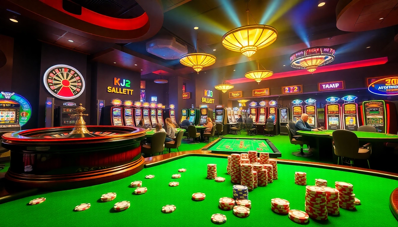 A lively casino scene featuring roulette wheels, poker tables, and slot machines for KJC AC 2.