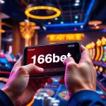 Exciting scene of a user engaged in 166bet Download showing vibrant casino elements like cards and slot machines.