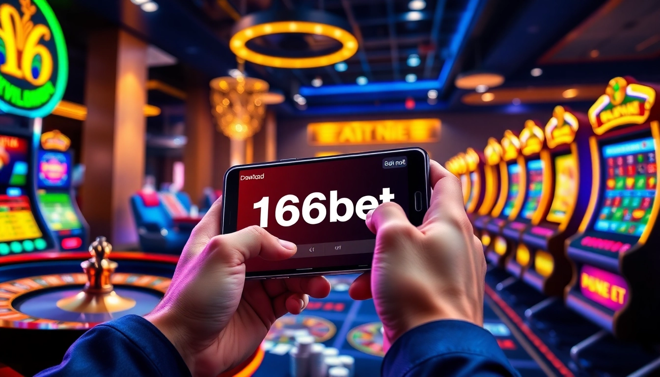 Exciting scene of a user engaged in 166bet Download showing vibrant casino elements like cards and slot machines.