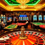 Experience high-stakes play at a luxurious casino featuring NK88 games, poker chips, and vibrant slot machines.