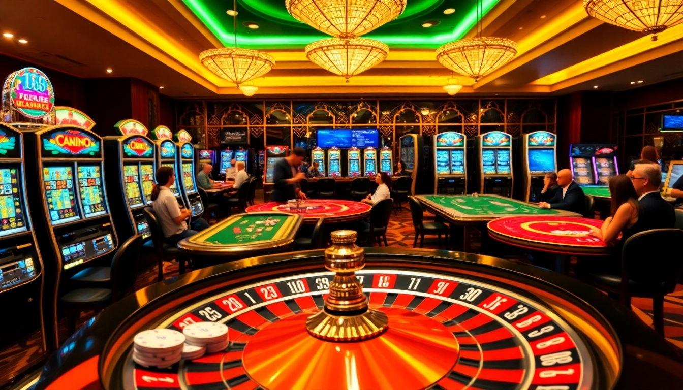 Experience high-stakes play at a luxurious casino featuring NK88 games, poker chips, and vibrant slot machines.