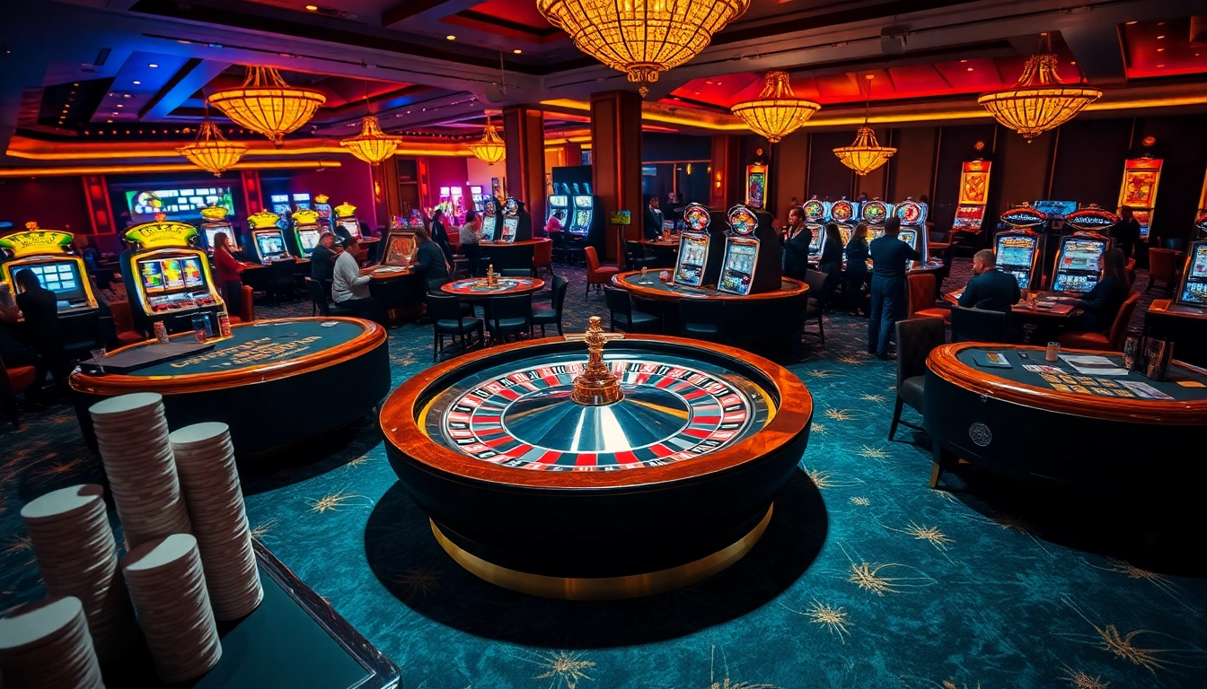 Engaged players enjoying vibrant gaming at thabet casino with roulette and slot machines.