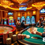 8DAY casino scene with vibrant slot machines and a roulette wheel in an inviting atmosphere.