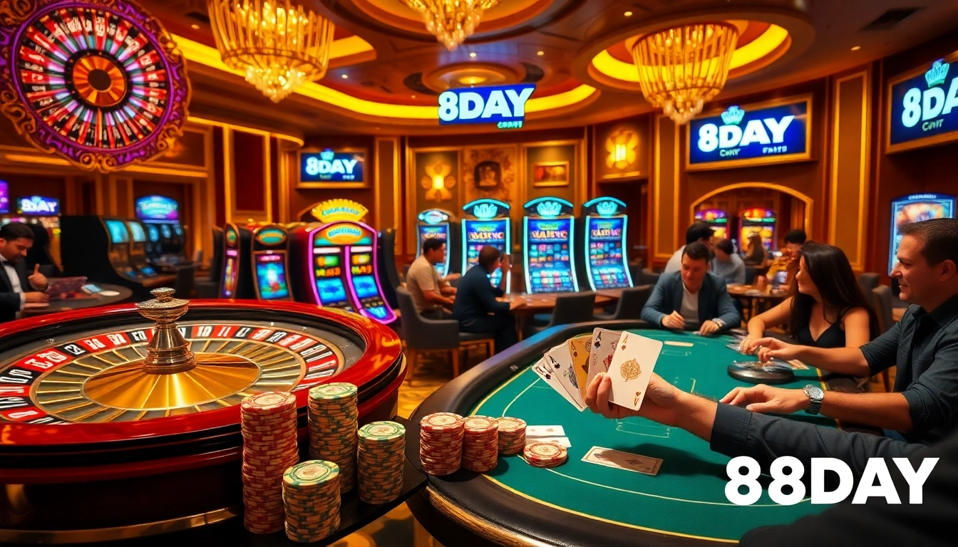 8DAY casino scene with vibrant slot machines and a roulette wheel in an inviting atmosphere.