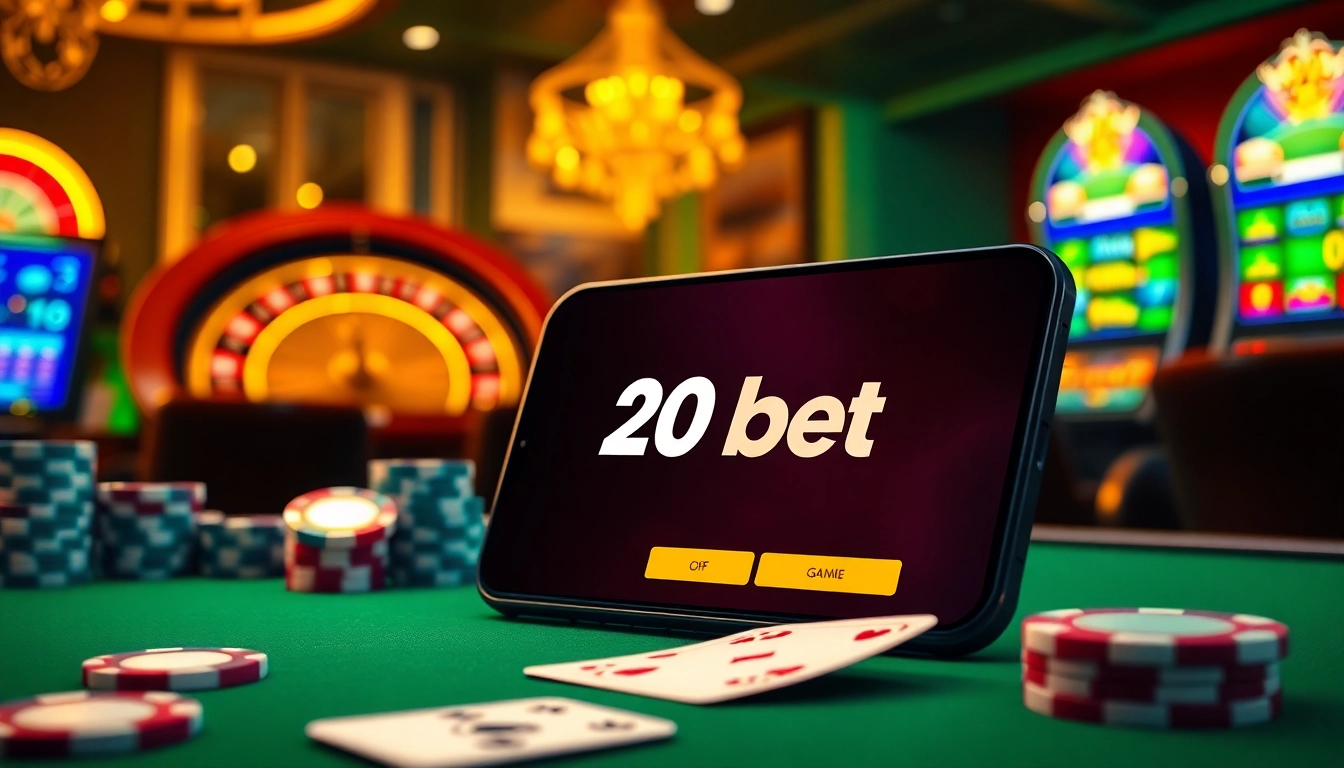 20bet Download app displayed on a smartphone among casino elements, inviting gamers to try their luck.