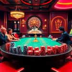 Players enjoying a thrilling high-stakes game at 13win casino with vibrant poker chips.